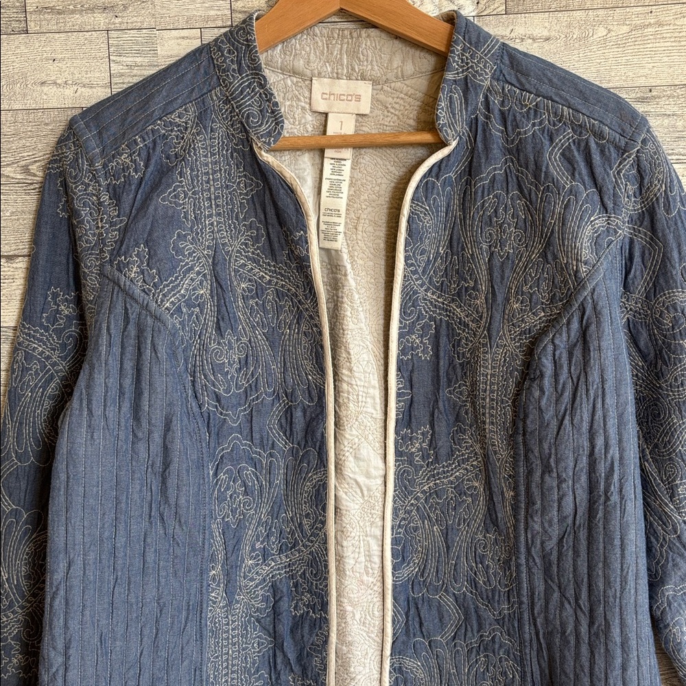 Quilted Paisley Brocade Floral chambray Open Front y2k Jacket coat Medium Chicos - Picture 3 of 8